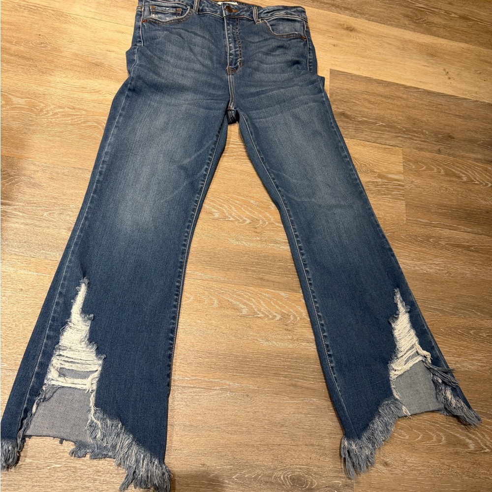 Cello Women's Dark Blue Flared Jeans with Frayed Distressed Hem